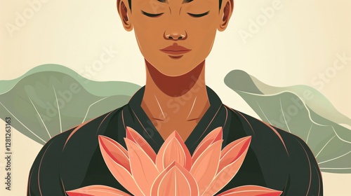 Serene Man Meditating with Lotus in Buddhism