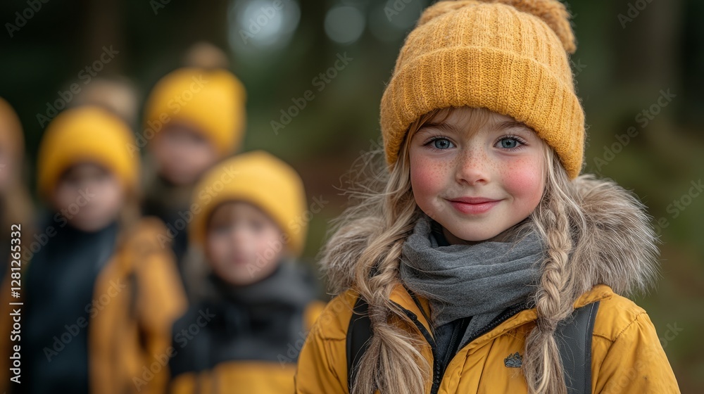 A joyful child in a warm yellow hat smiles brightly in a forest setting A joyful child in a warm yellow hat smiles brightly in a forest setting