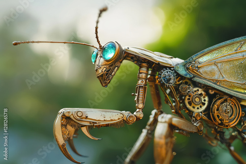 Mechanical mantis with glowing blue eyes and brass gears
 photo