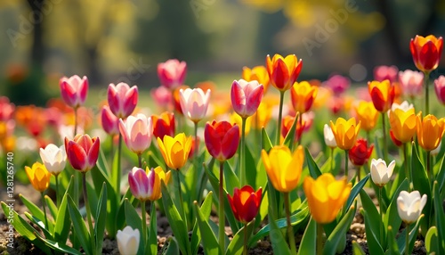 Spring garden blooming with colorful flowers, creating a vibrant and lively outdoor scene, perfect for a springtime celebration
