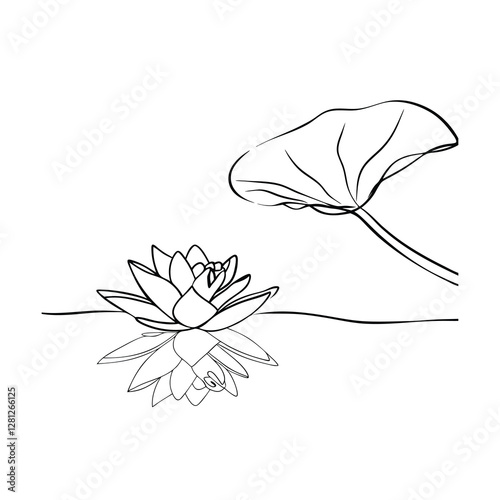 Serene Lotus Flower, Lily Pad, Water Reflection, Minimalist Line Art