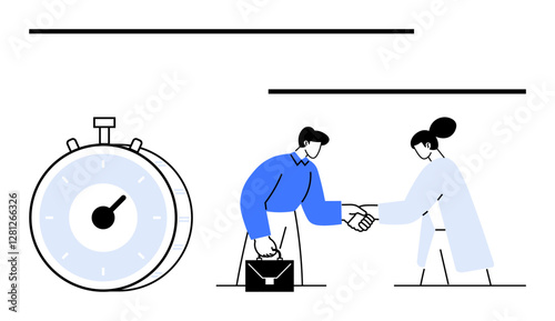 Businessperson and partner shaking hands next to a stopwatch, emphasizing collaboration, time efficiency, and success. Ideal for teamwork, agreement, productivity, deadlines, strategy negotiation