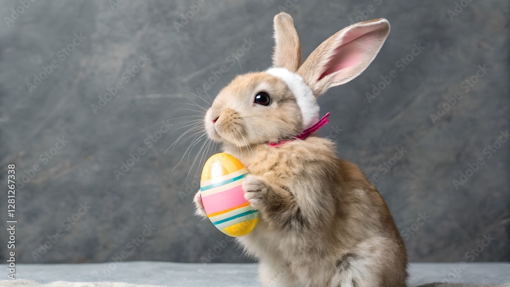 Adorable Easter Bunny Holding Colorful Egg Against Gray Background