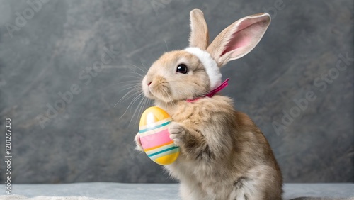 Obraz na płótnie Adorable Easter Bunny Holding Colorful Egg Against Gray Background w salonie