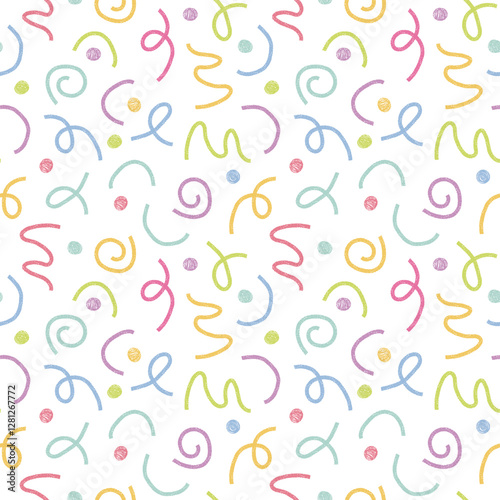 Playful Doodle Seamless Pattern with Abstract squiggles. Hand drawn Sketchy scribbles. Cute Fun Child drawings pencil crayon texture. Colorful Background for birthday Party decoration, packaging cover