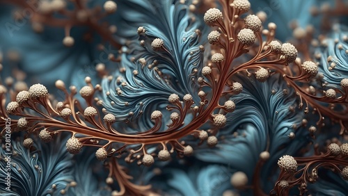 Intricate Patterns of Swirling Blue and Bronze Elements Creating a Captivating Organic Design