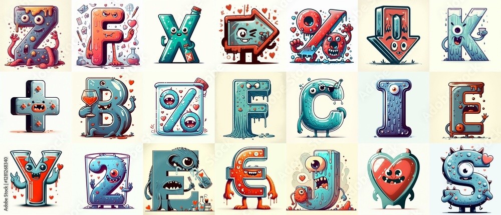 Obraz premium Cartoon glass Monsters Lettering Typeface. AI generated illustration