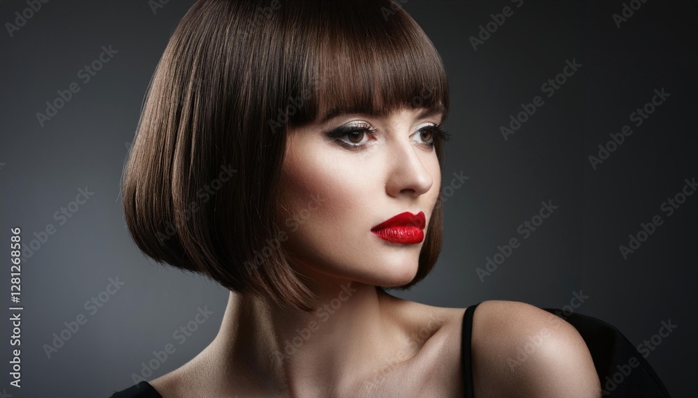 Fototapeta premium Modern portrait of a young woman with sleek bob haircut and bold red lipstick