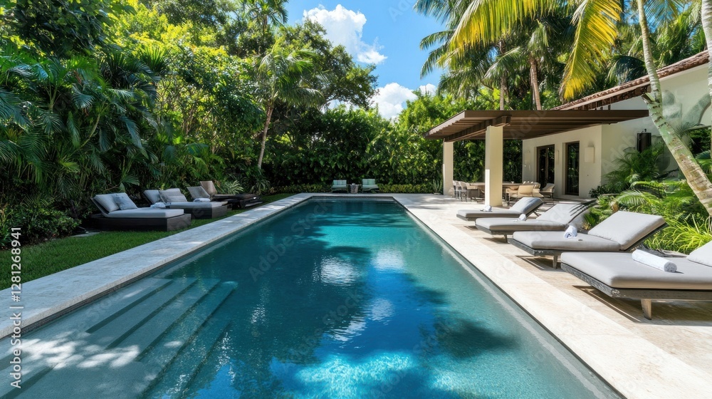 Fototapeta premium Tropical Backyard Poolside Relaxation Oasis
