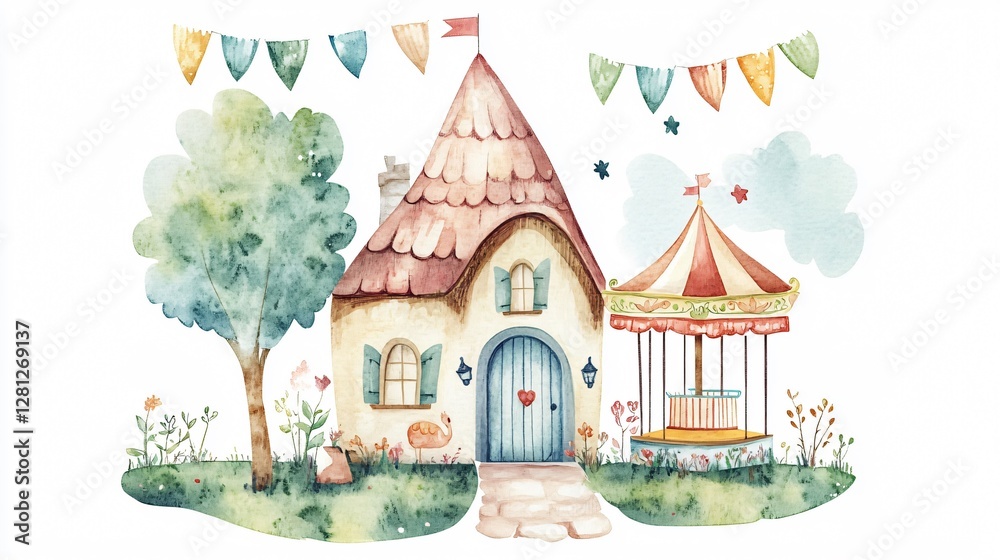 Fototapeta premium Whimsical Watercolor Illustration of a Fairytale Cottage