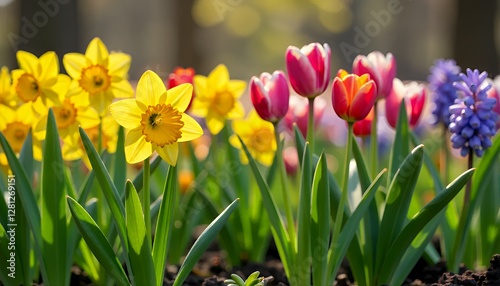 Spring flowers blooming in a garden with daffodils, tulips, and hyacinths adding color to the scene, perfect for seasonal landscaping