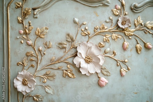 Close - up of Rococo Revival - inspired wall paneling with floral motifs and gold leaf accents