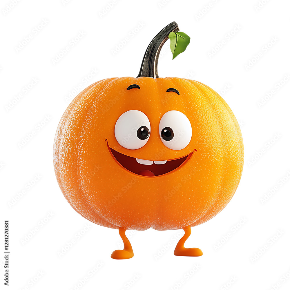 Obraz premium A cheerful 3D cartoon pumpkin character with big eyes and legs stands ready for autumn marketing materials isolated on transparent