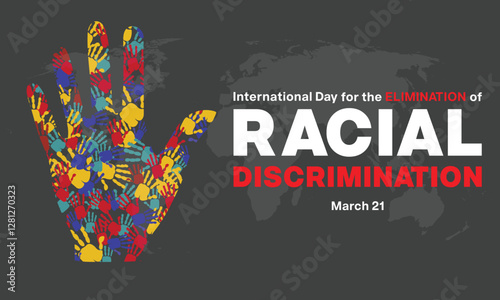 International Day for the Elimination of Racial Discrimination design. it features an open palm hand made up of colorful hand print