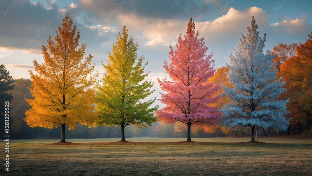 Fototapeta premium Vibrant landscape featuring four trees displaying autumn colors in a serene field