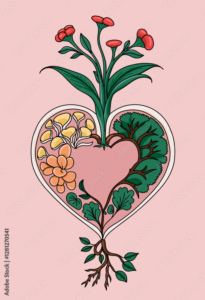 Heart-Shaped Frame with Plants and Fruits