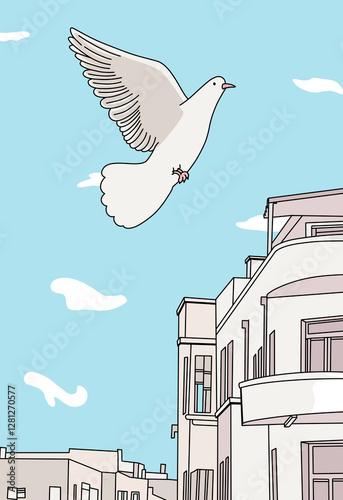 Whit Dove Flying Over City Buildings