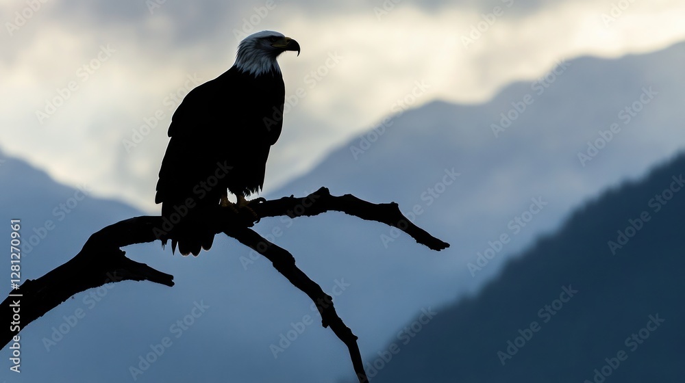 Fototapeta premium A close-up silhouette of an eagle perched on a dead tree branch, surveying the valley below