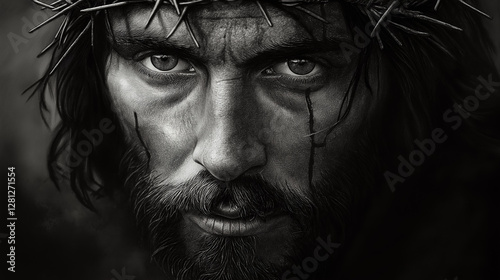 Monochrome portrait of a Jesus Christ wearing a crown of thorns, capturing the pain and suffering in his intense, piercing gaze.
