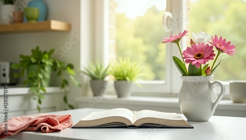 Spring cleaning scene with a bright, organized home, and fresh flowers on the table, reflecting the refreshing season of renewal