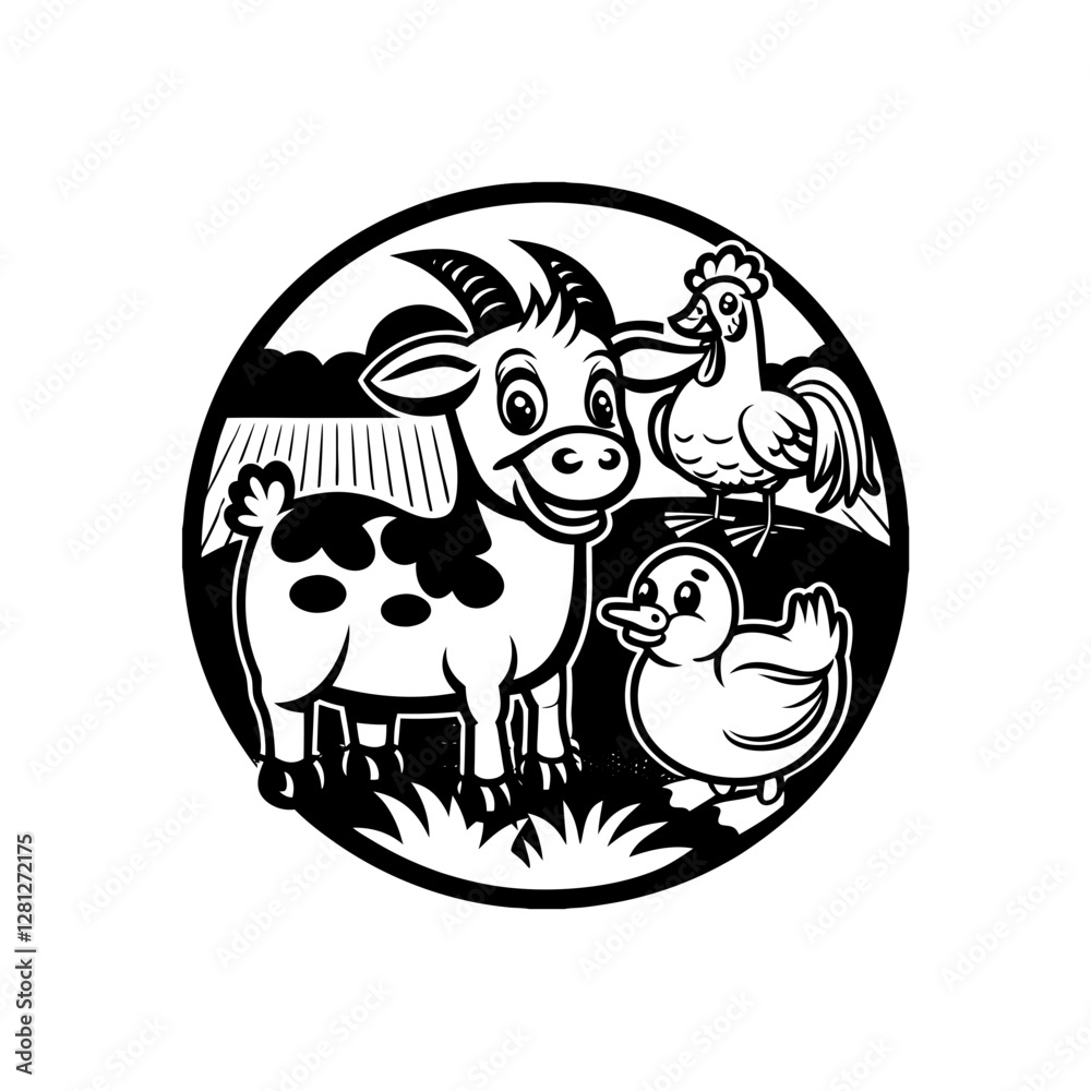 Fototapeta premium Farm Animals Cartoon Black and White Illustration.