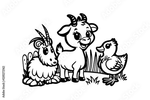 Cute Farm Animals Black and White Cartoon Illustration.