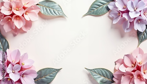 Soft pastel hydrangea flowers arranged symmetrically for elegant stationery designs, creating a sophisticated and gentle aesthetic