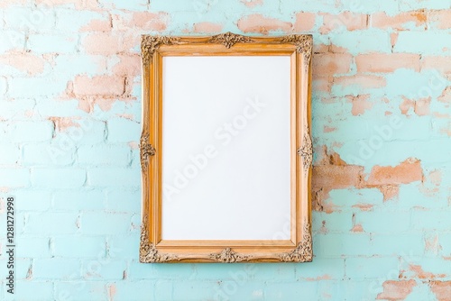 ornate vintage frame hanging on weathered brick wall with ample copy space suggestive of hidden narrative or timeless