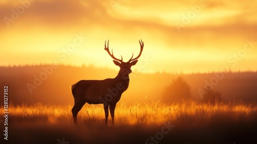 A majestic deer standing in an open meadow, its antlers forming an intricate silhouette against the sunset