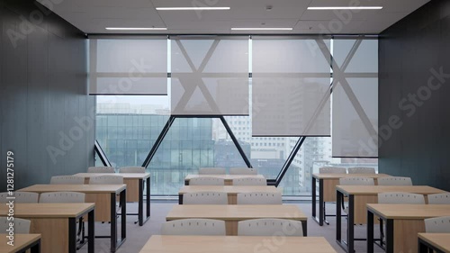 Modern empty classroom on high floor, lecture room, with panoramic windows and dark gray walls. Desks with chairs.