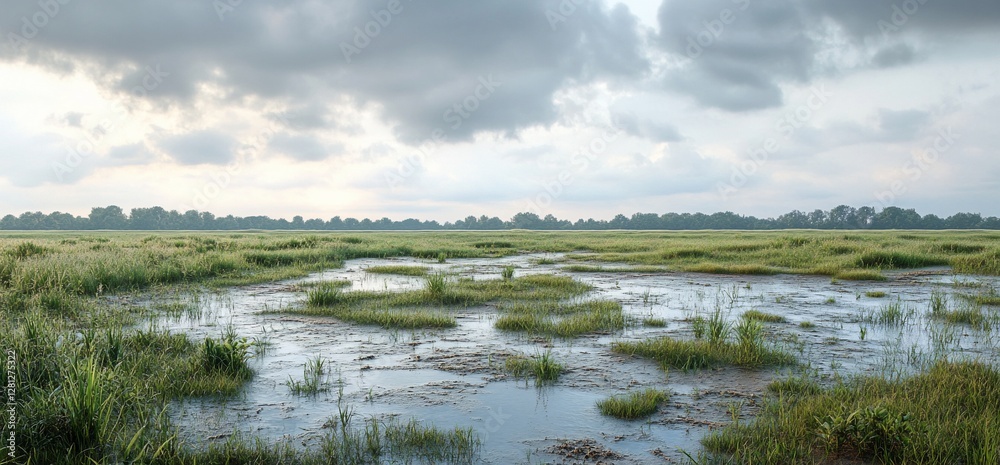 Tranquil wetland landscape under cloudy sky.