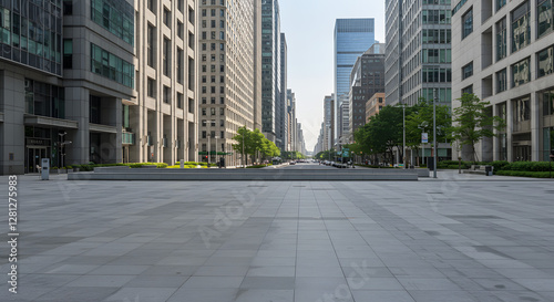 Empty city street during lunch break business district quiet midday scene urban landscape photo