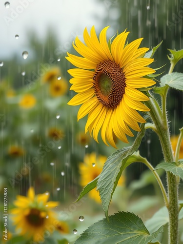 an image of a sunflower in the rain with raindrops, there is a sunflower that is in the middle of a field photo