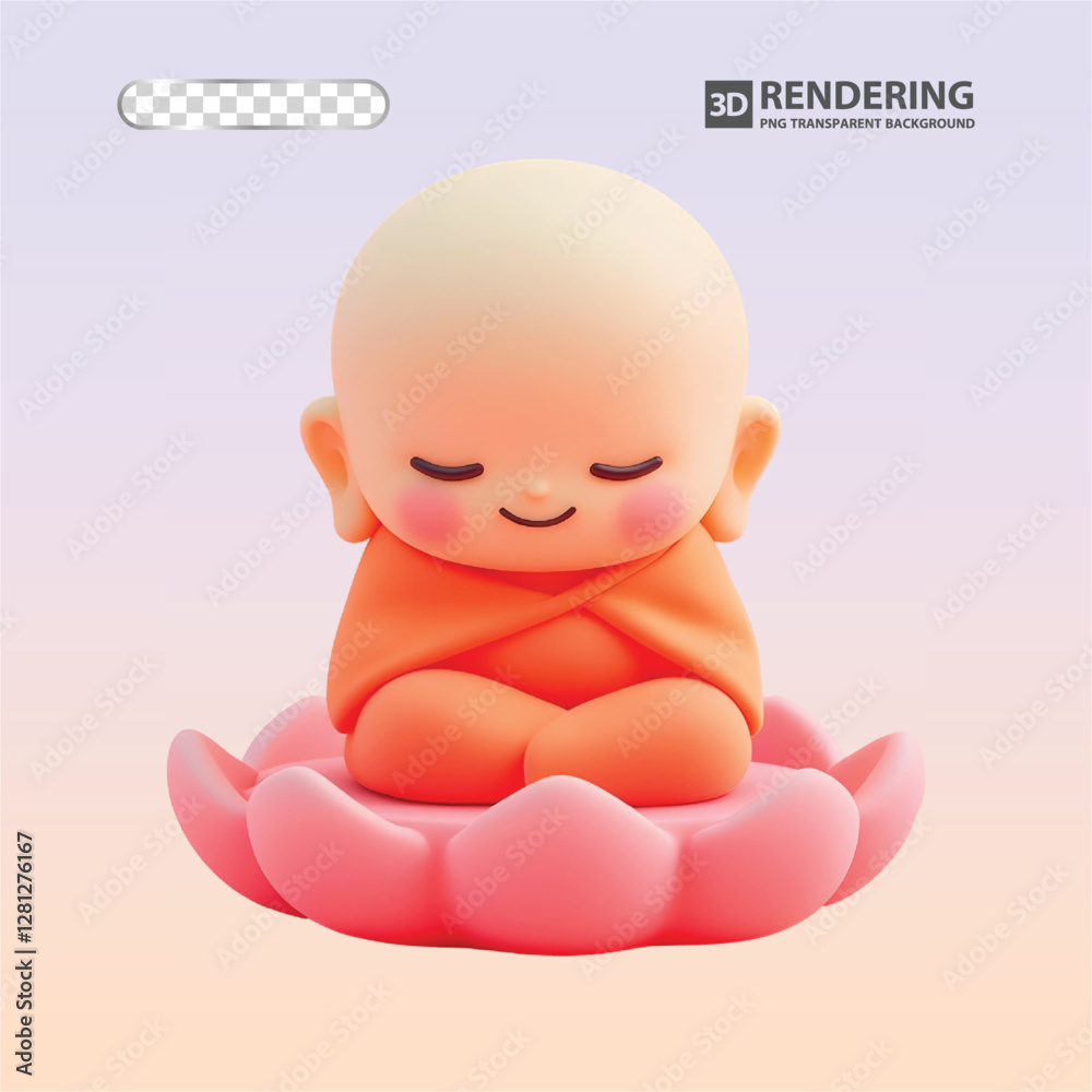 A cute, cartoonish rendering of a baby Buddha sits on a pink lotus flower. A cute, cartoonish rendering of a baby Buddha sits on a pink lotus flower.