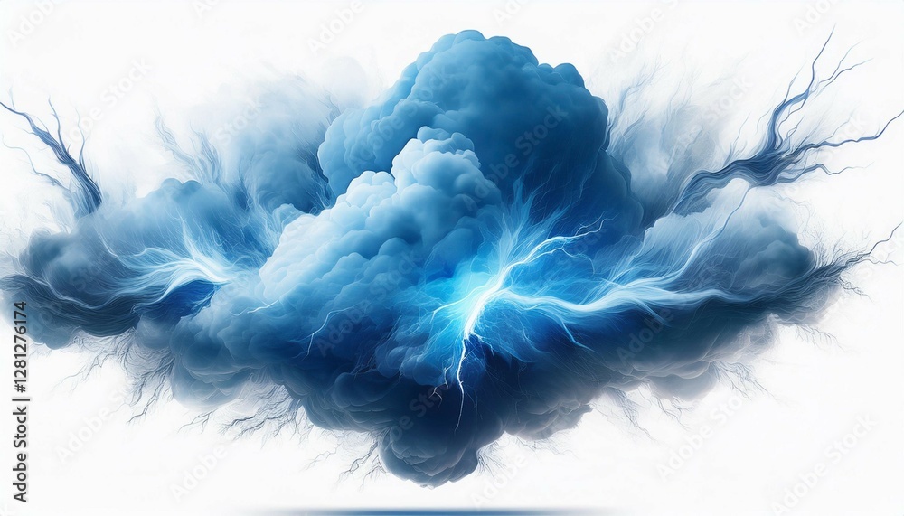 Fototapeta premium realistic thunder light and blue smoke cloud splash on a white isolated background generative ai