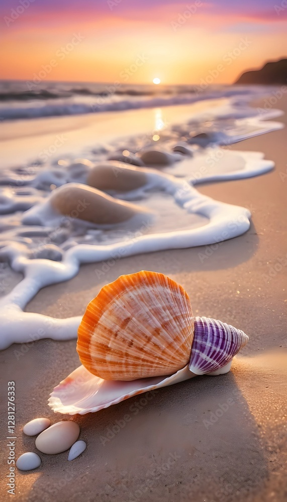 Obraz premium Beautiful Seashell on the Shore Against a Stunning Sunset and Gentle Waves.