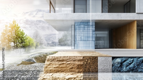Architectural Design Showcasing Modern House With Natural Landscape, Emphasizing Materials and Harmony With Environment