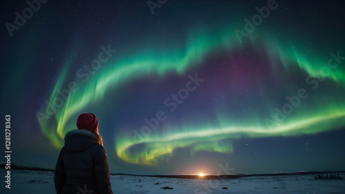 A woman watching aurora in the sky