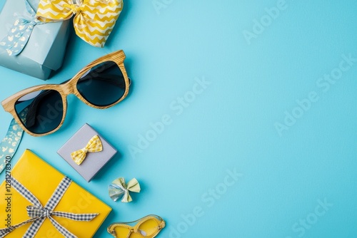 Brightly Colored Gifts and Sunglasses Arranged on a Blue Background, Perfect for a Summer Celebration or Party Decoration