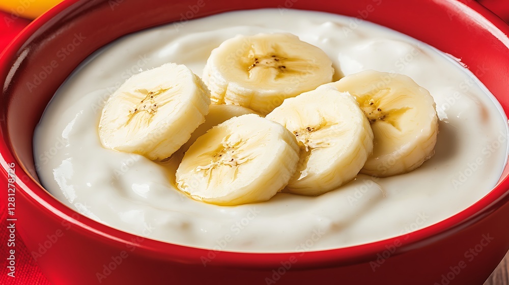 Banana slices in yogurt bowl, close-up healthy snack, breakfast concept, blurred cloth backdrop Banana slices in yogurt bowl, close-up healthy snack, breakfast concept, blurred cloth backdrop