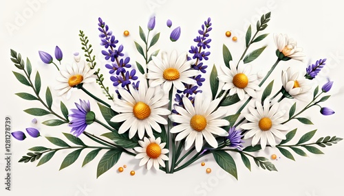 Wildflower cluster featuring daisies, lavender, and small green leaves for a nature-inspired design, perfect for organic aesthetics