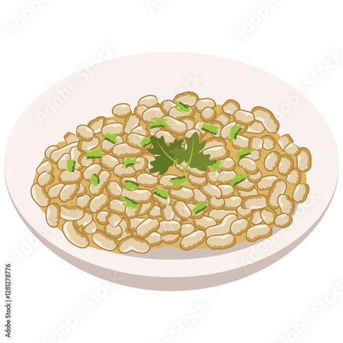 White dinner plate with risotto and parsley.