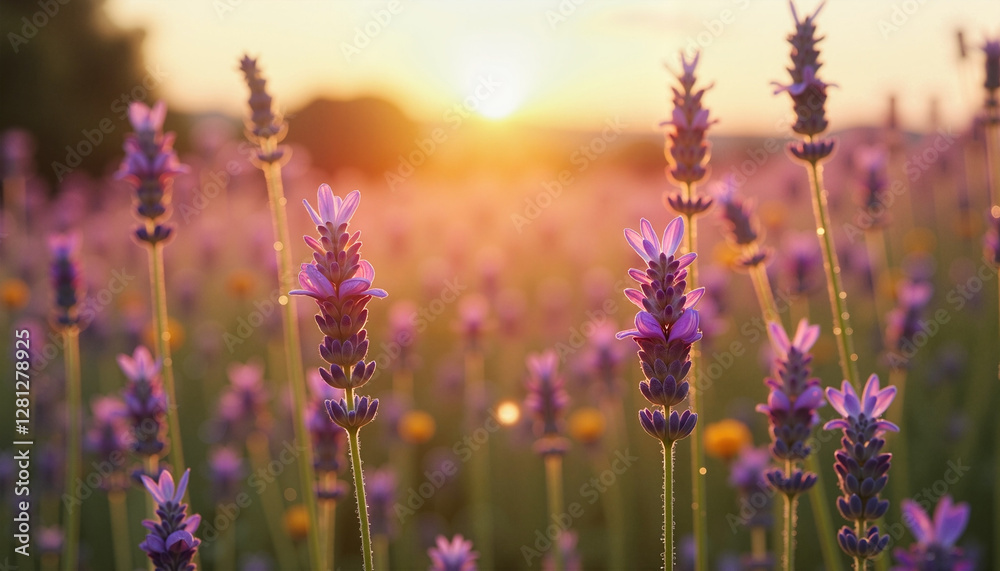 Obraz premium Romantic Meadow of Blooming Lavender and Wildflowers at Sunrise with Dew-Kissed Petals and Dreamy Golden Light
