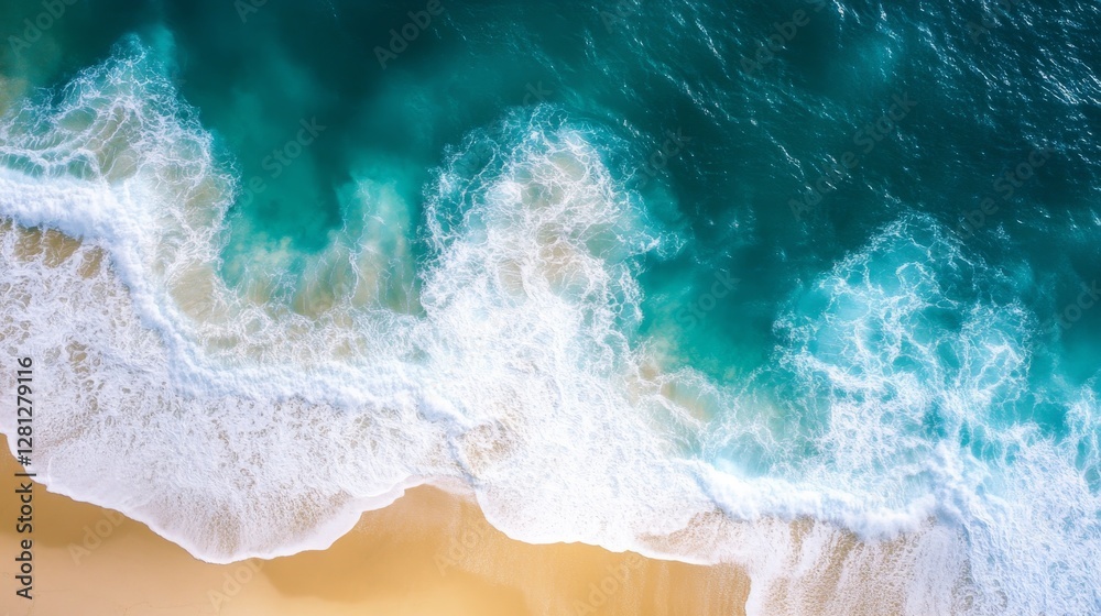 Aerial view of a white sand beach coastline with swirling waves and a teal blue ocean stretching into the horizon, creating a serene tropical paradise. Aerial view of a white sand beach coastline with swirling waves and a teal blue ocean stretching into the horizon, creating a serene tropical paradise.