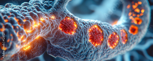 Smog air pollution, PM 2.5 dust particulate matter, glowing microscopic structure with vibrant orange highlights
