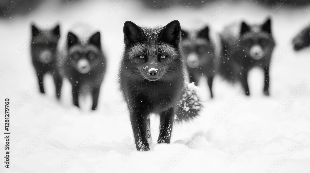 Fototapeta premium Black Foxes Walking Through Winter Snow
