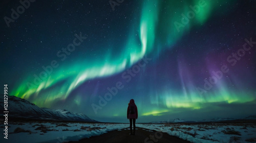 Silhouette of a person with aroura in the sky 