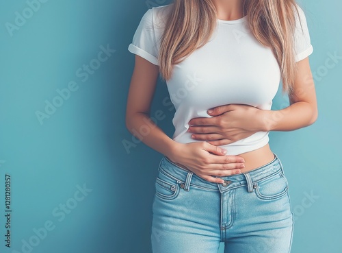 Close-up of a woman holding her stomach in discomfort, possibly suffering from abdominal pain, cramps, indigestion, or menstrual pain.  
