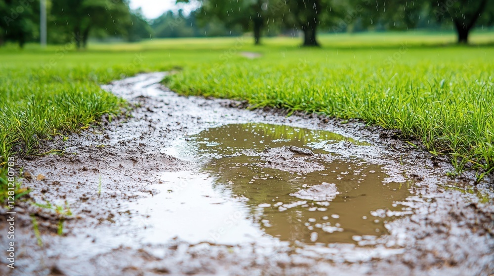 Fototapeta premium A fresh glimmering puddle nestled in soft green grass inviting nature enthusiasts to explore the outdoors