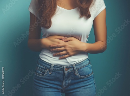 Close-up of a woman holding her stomach in discomfort, possibly suffering from abdominal pain, cramps, indigestion, or menstrual pain.  
